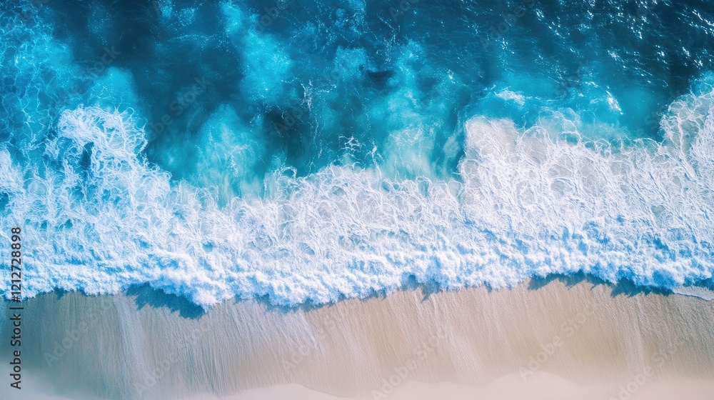 Aufkleber Aerial view of waves crashing on turquoise waters with white foam and sandy beach empty space for text in a tropical paradise setting