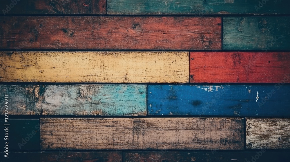 Poster weathered wooden wall with colorful stained planks creating a rustic texture suitable for background