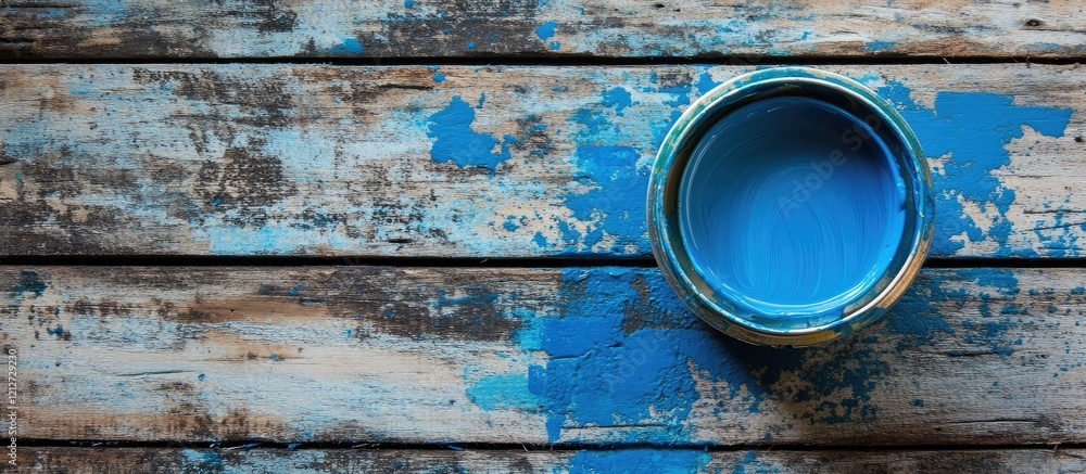 Aufkleber blue paint can with vibrant splatter on rustic wooden surface highlighting creativity and artistic e