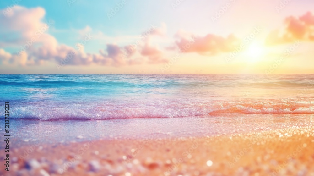 Aufkleber Serene beach sunset with soft waves and colorful clouds creating a tranquil summer atmosphere inviting relaxation and peace.
