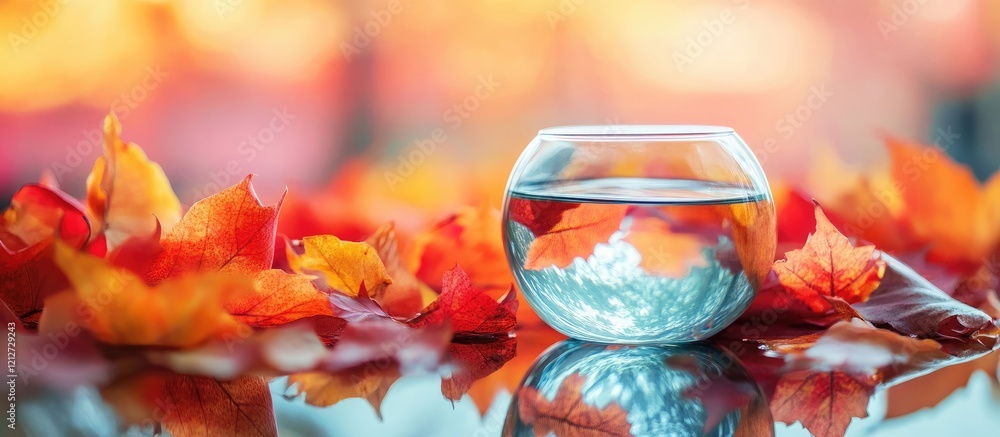 Poster vibrant red and orange autumn leaves with crystal clear fishbowl reflection on reflective surface in