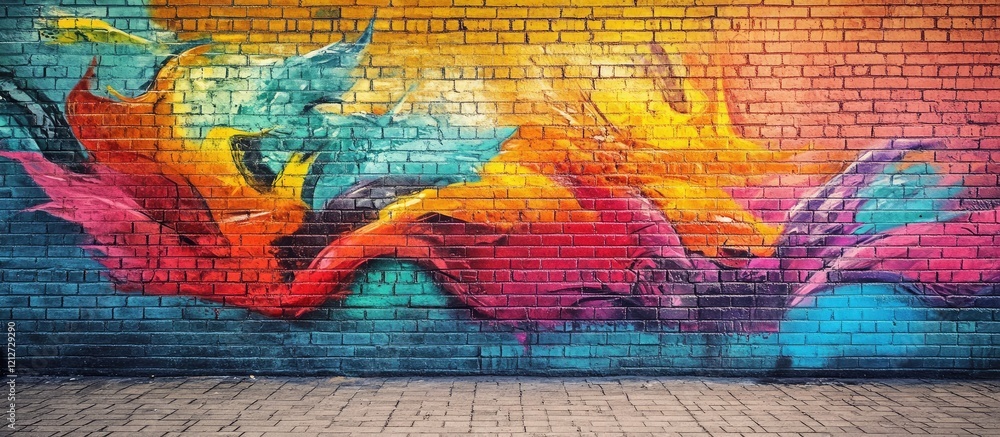 Poster vibrant multicolored airbrush graffiti art on a textured brick wall with ample empty space for text 
