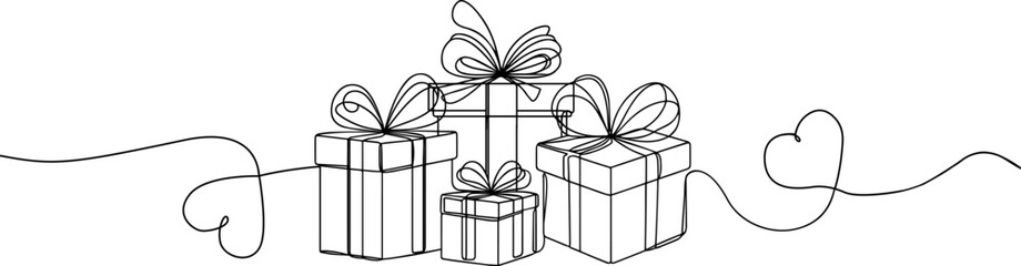 Valentine's Day Gift box one line drawing . Continuous one line gift box.Presents with ribbon bow. Hand drawn greeting red present box.Line art surprise with a hearts . Gift box with a hearts