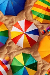 Colorful beach umbrellas scattered on sandy ground, evoking a vibrant summer atmosphere.