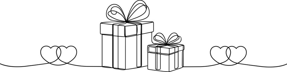 Valentine's Day Gift box one line drawing . Continuous one line gift box.Presents with ribbon bow. Hand drawn greeting red present box.Line art surprise with a hearts . Gift box with a hearts