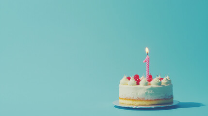 birthday cake with one candle on blue background with copy space for text