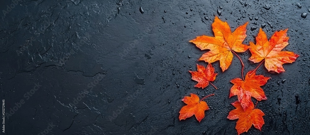 Poster vibrant orange and red autumn maple leaves on dark wet surface with raindrops and copy space for tex