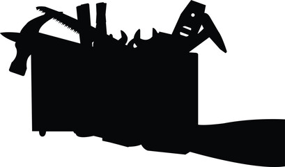 Silhouette of a toolbox filled with various tools held by a hand vector art