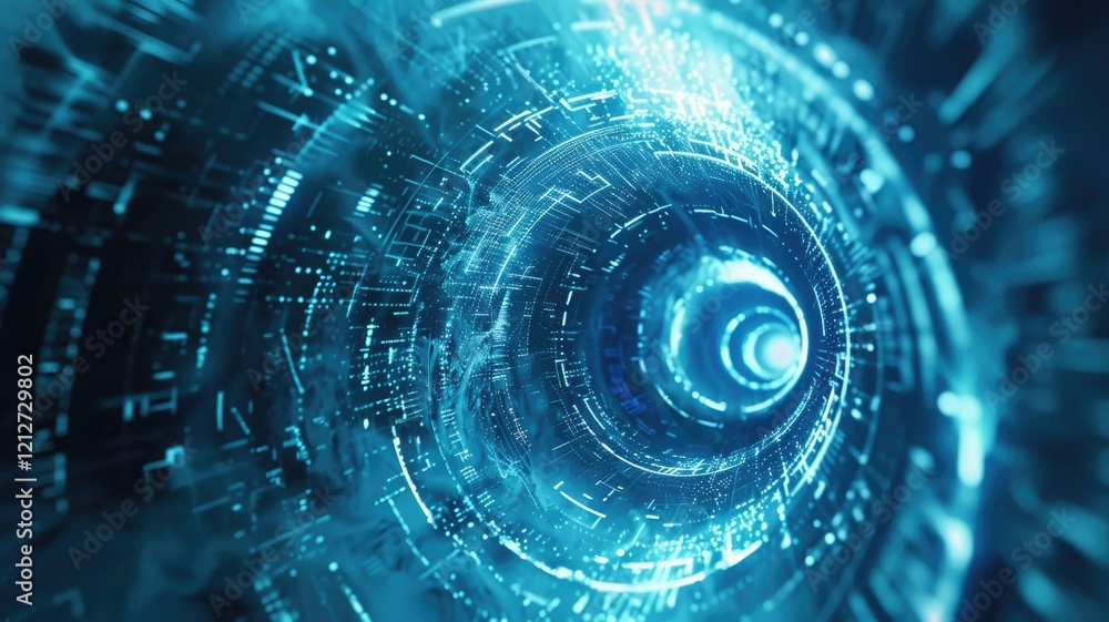 Poster a captivating abstract digital animation featuring a blue background with dynamic lines and glowing 
