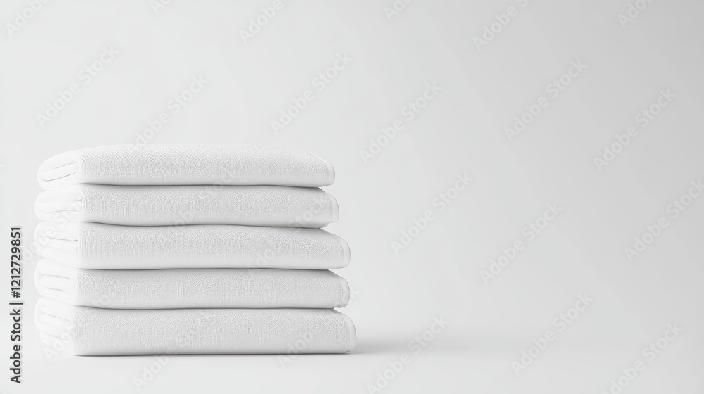 Poster vertical stack of pristine white cotton bath towels on minimalistic background for print design mock