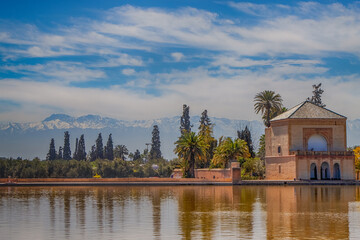 Menara gardens reflecting pool and pavilion Marrakech, Morocco.