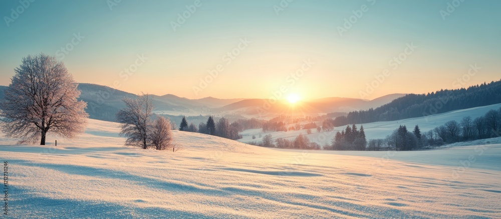 Poster serene winter landscape with snowy mountains fields and trees at sunrise tranquil nature scene with 