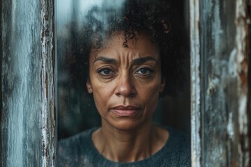 Fototapeta premium Portrait of a concerned woman looking out window