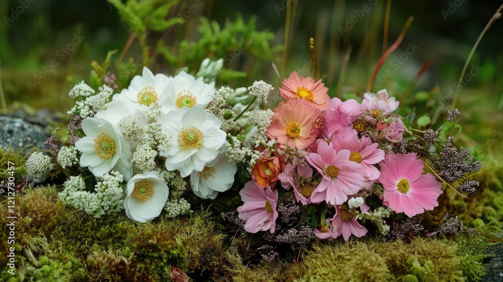 Poster vibrant pink and white floral bouquets arranged on lush green moss in a serene natural setting with 