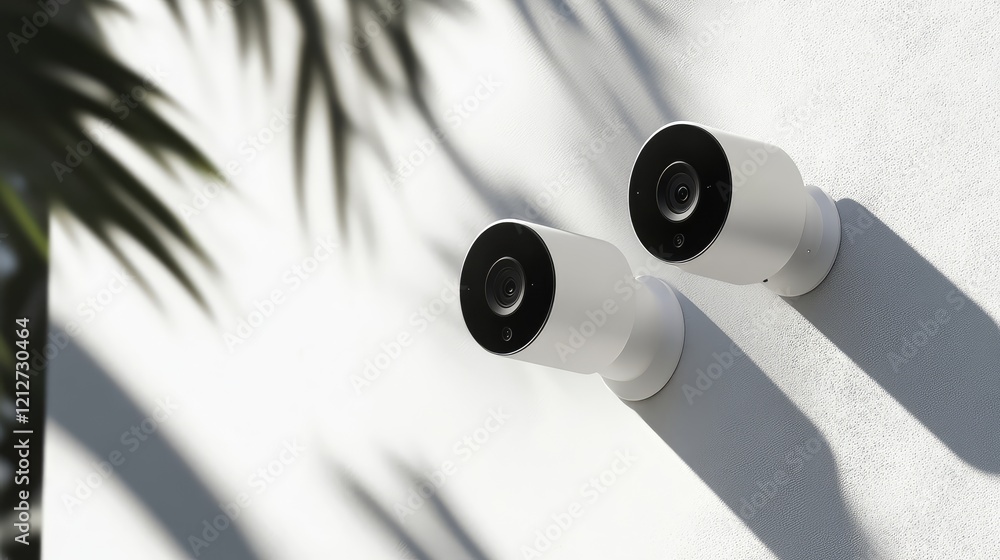 Poster contemporary white security cameras mounted on a smooth plaster wall casting shadows in a minimalist