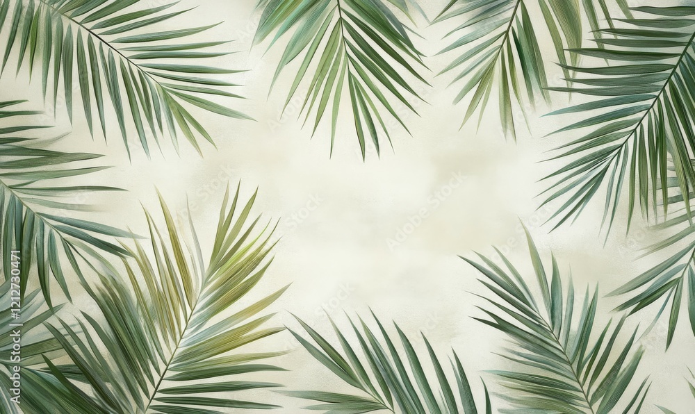 Poster palm leaves arranged in a diagonal pattern on a light-colored surface creating a sense of movement a