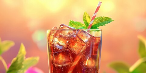 Glass of iced tea with a green leaf on top and a red straw