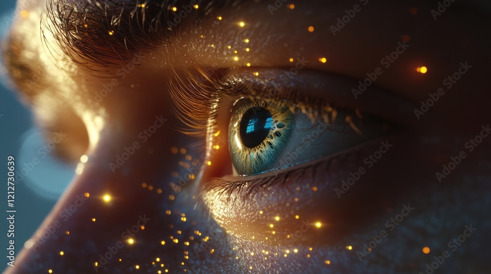 Poster insightful vision with male eye and sparkling digital effects representing technology and monitoring