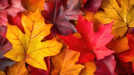 Fototapeta premium Colorful autumn foliage in rich shades of red, orange, yellow, and burgundy scattered on the forest floor creating a vibrant seasonal tapestry.