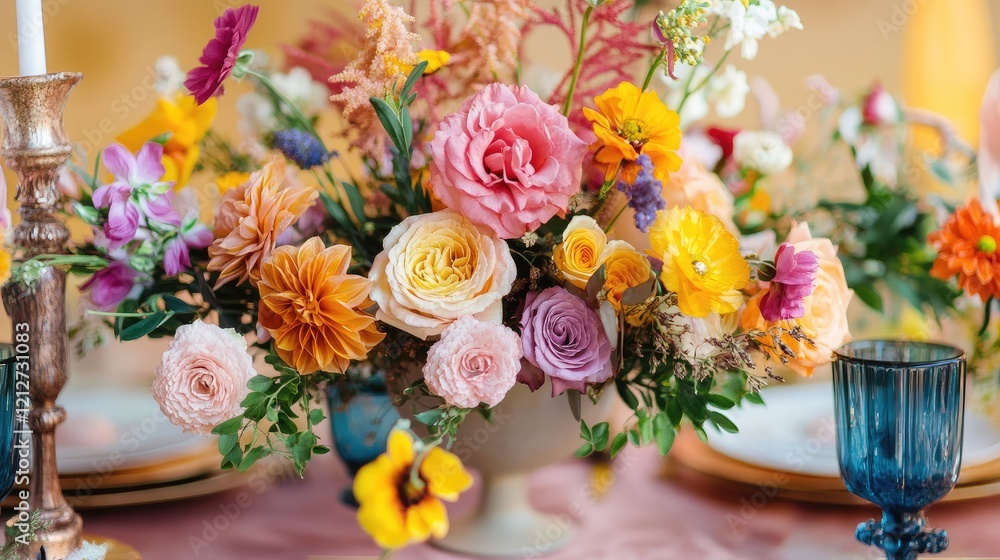 Poster charming colorful floral table arrangement with vibrant blooms and elegant table setting