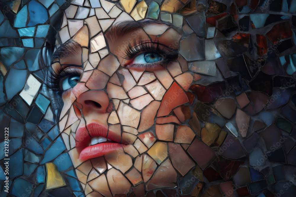 Poster mosaic art depicting a woman's face dissolving into colorful tiles, creating a surreal and artistic 