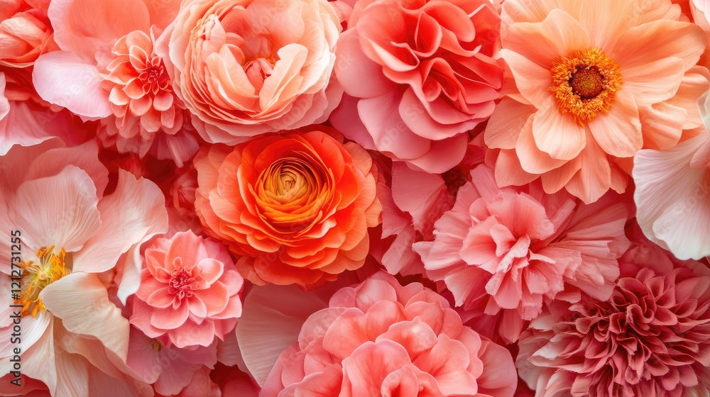 Poster floral arrangement displaying coral and peach blooms over a soft pink background with textures of pe