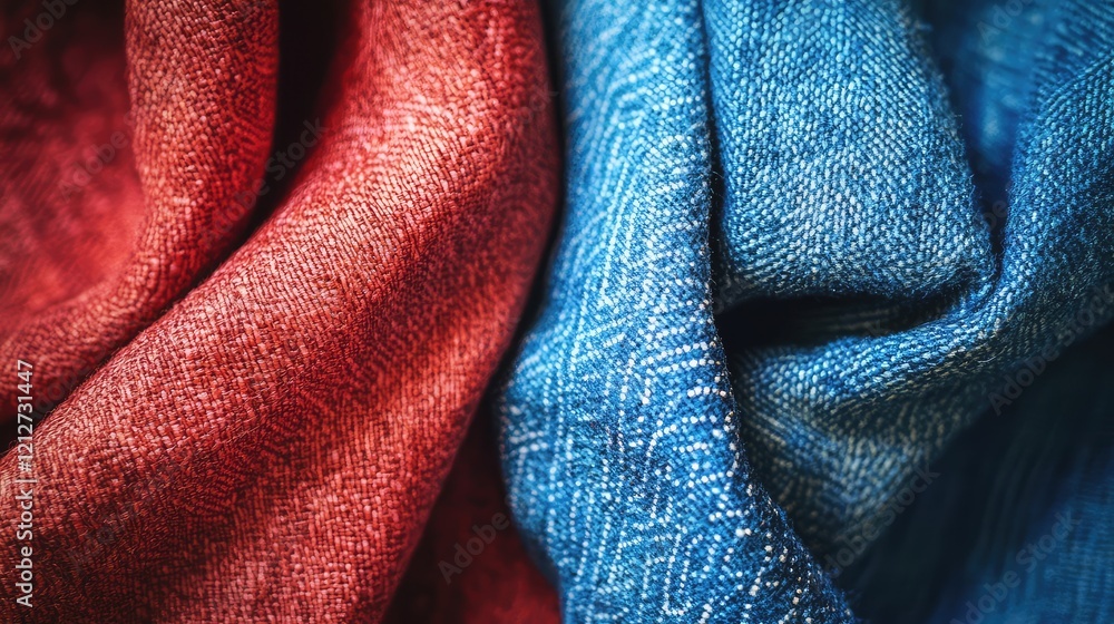 Poster Close-up view of vibrant red and blue textiles draped elegantly, showcasing rich textures and fabric patterns in a softly lit setting.
