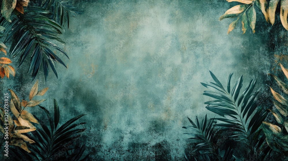 Poster vintage botanical background with textured layers and lush green foliage creating a serene and elega