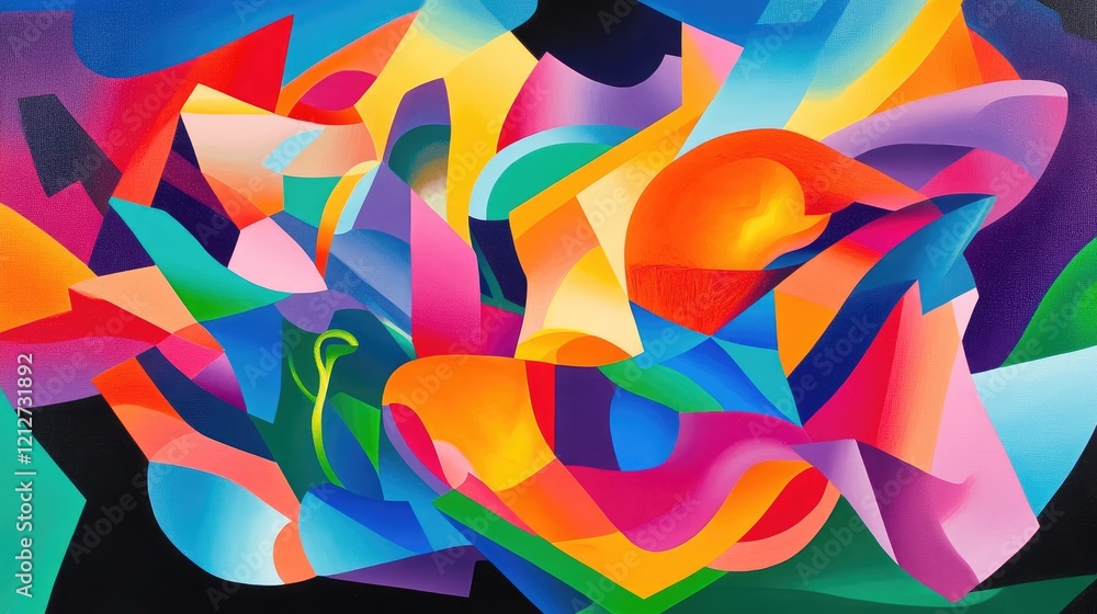Poster dynamic abstract composition showcasing vivid neon hues and flowing three-dimensional shapes in a vi