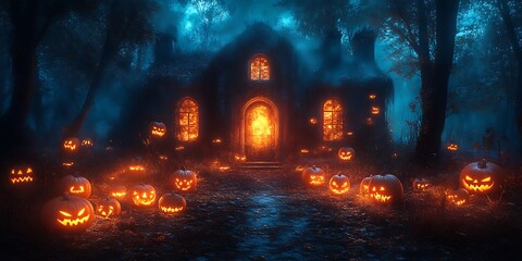 Spooky Halloween house in misty forest with glowing jack-o'-lanterns.