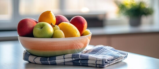 Fresh fruits in a vibrant bowl on a bright kitchen table with a neatly folded napkin emphasizing culinary presentation and healthy living