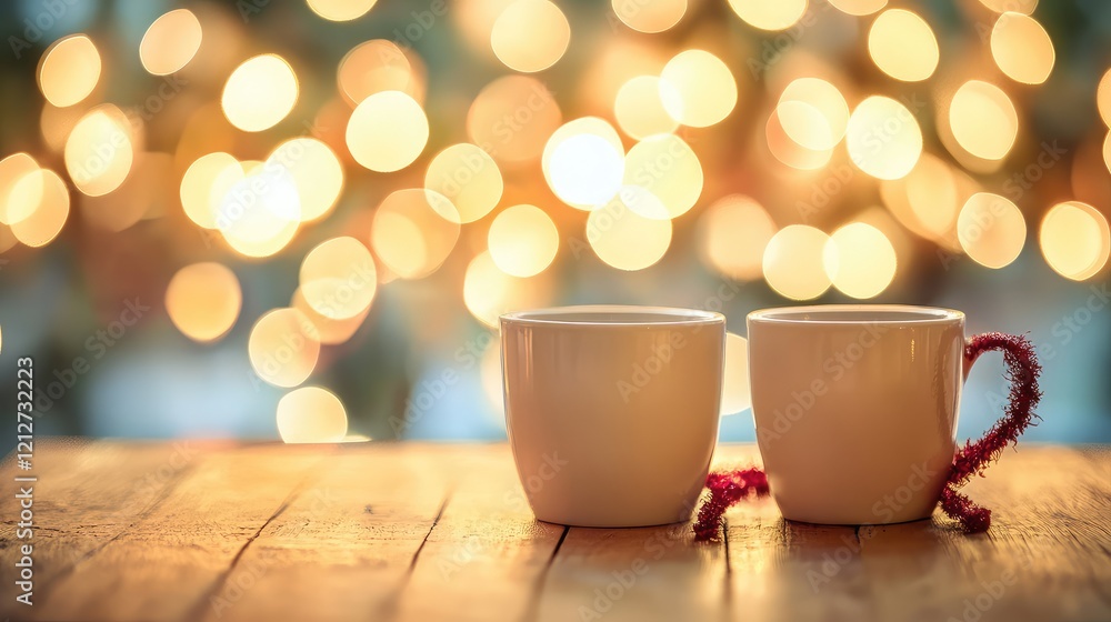 Aufkleber Cozy scene of two white coffee cups on rustic wooden table with warm star bokeh lights in the background creating a soft glowing ambiance