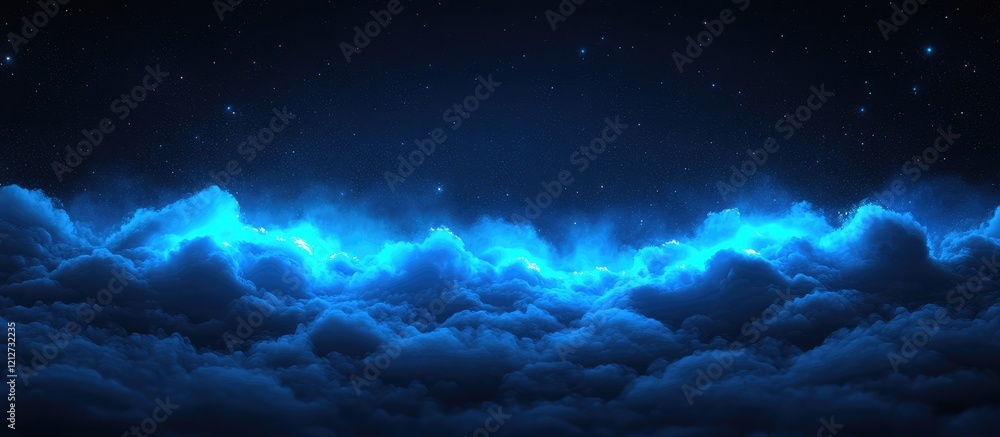 Poster vibrant blue luminous light illuminating soft clouds in dark sky atmosphere creating serene space fo