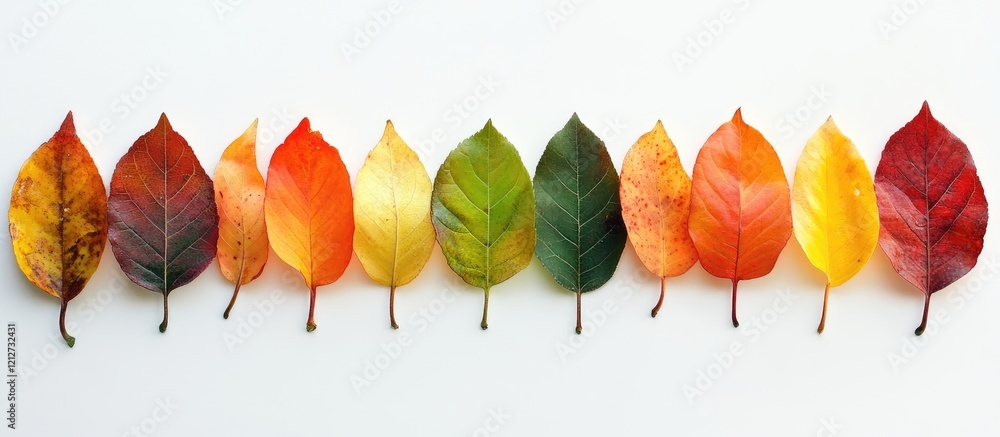Poster colorful autumn leaves in gradient arrangement against neutral background with space for text, showc