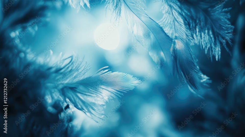 Poster Soft Feathers in Blue Tones with Artistic Bokeh Background for Nature and Textile Themes