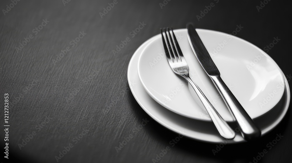 Aufkleber elegant monochrome table setting featuring a white plate, fork, and knife arranged on a dark wooden 