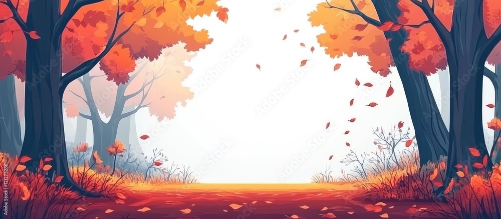 Poster vibrant autumn forest scene with vivid orange and red foliage, fallen leaves in foreground, soft mis