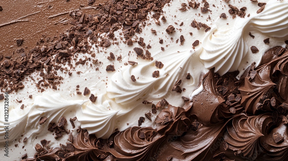 Poster layers of decadent mocha mousse and creamy white toppings create an exquisite dessert experience. pe