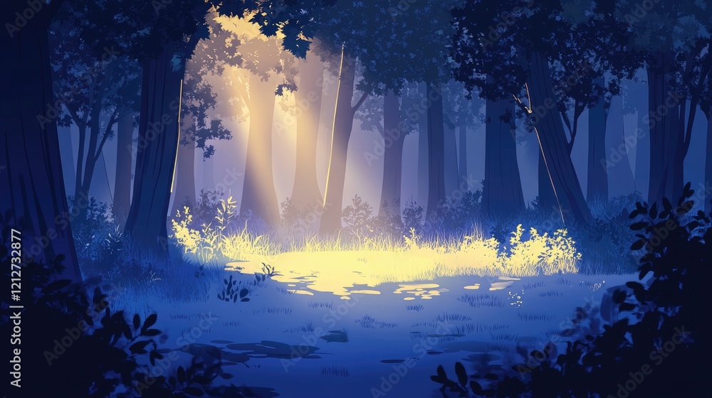 Aufkleber Mysterious Twilight Forest Surrounded by Trees and Soft Shadows with Ethereal Light Filtering Through the Canopy