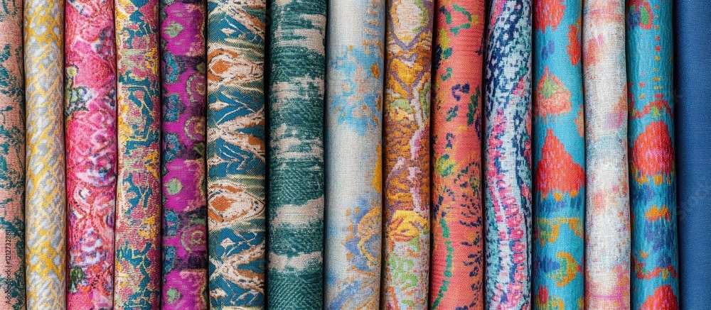 Poster vibrant fabric samples displaying unique textures and patterns ideal for upholstery and creative tex