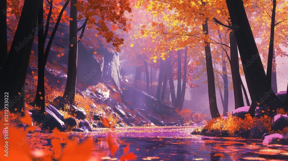 Poster vibrant autumn foliage reflecting on a serene river in a colorful forest with hues of orange and red