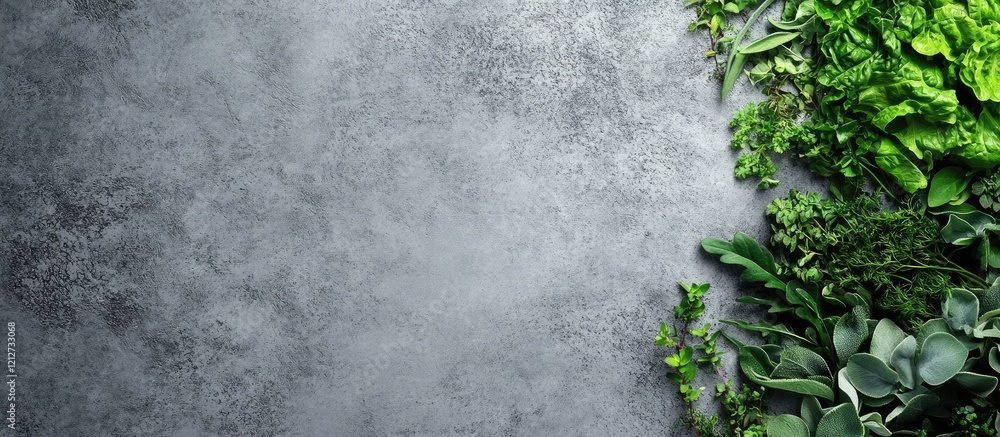 Poster Vibrant assortment of fresh leafy greens including kale lettuce and spinach arranged on a textured grey background with ample copy space for text