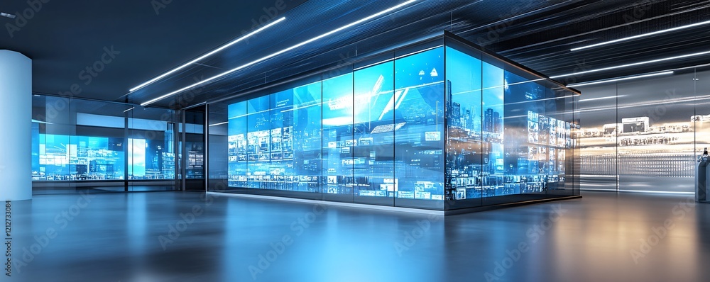 Poster Modern office interior showing interactive data visualization on transparent display