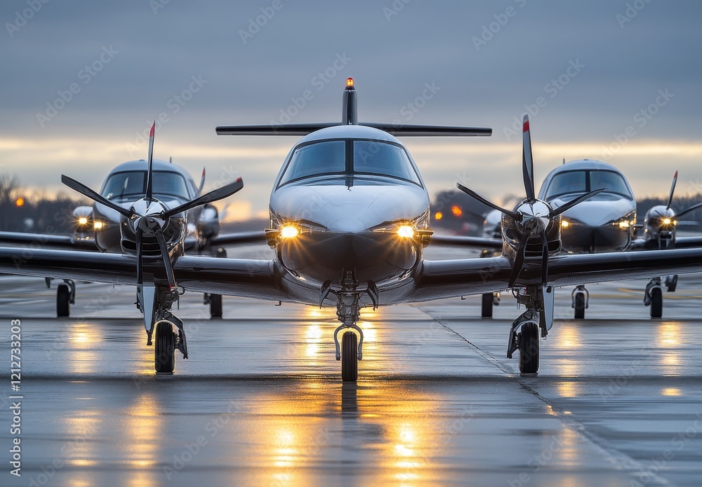 Poster a fleet of sleek single-engine aircraft parked on a runway at dusk with reflection on wet surface hi