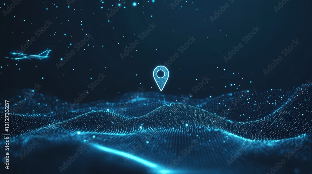 Aufkleber map pointer on dark background with airplane flying overhead in clear sky during daytime