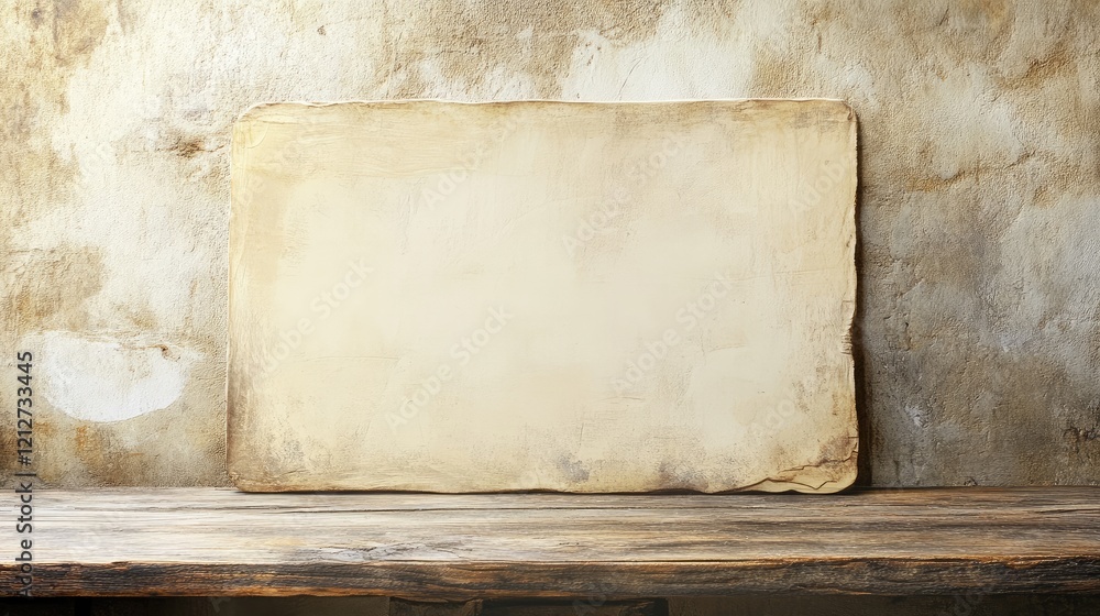 Aufkleber vintage textured background with blank board for text display on rustic wooden table. ideal for invi