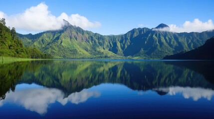 Fototapeta premium Volcanic Peaks Mirrored in Tranquil Lake Surrounded by Lush Greenery and Clear Blue Skies