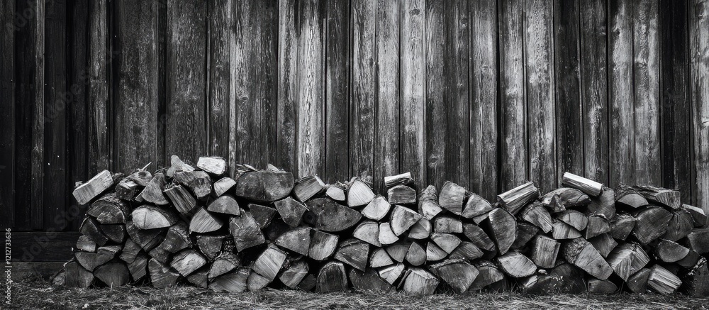 Poster Vertical monochrome capture of a rustic yard showcasing neatly stacked firewood against a textured wooden wall with ample negative space for overlay text.
