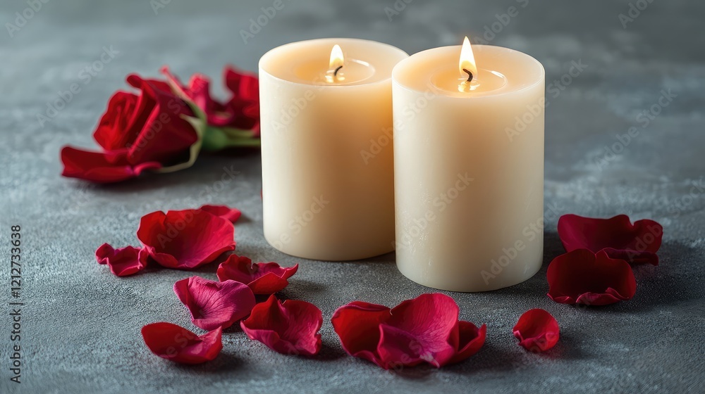 Aufkleber elegant ivory candles with soft flames surrounded by deep red rose petals on a textured gray backgro