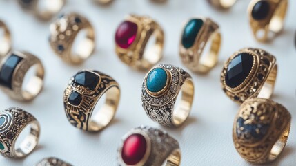 Vintage decorative rings displayed on a white table showcasing intricate designs and colorful gemstones in a close-up view.